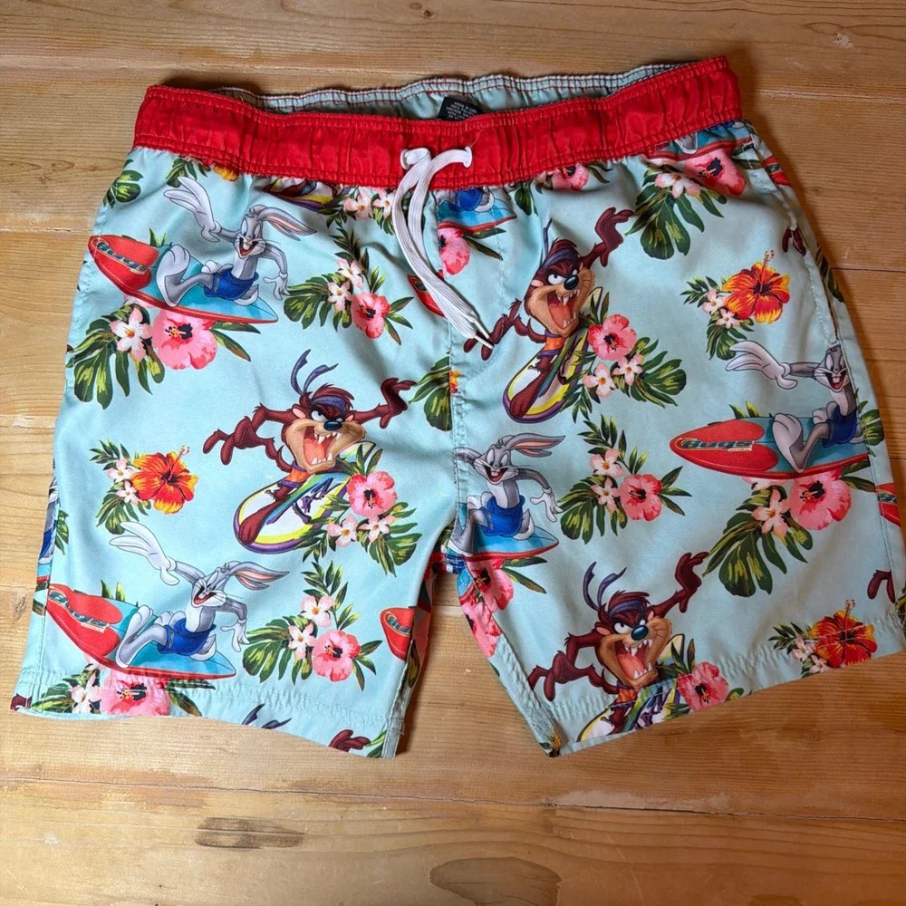 Looney Tunes Mens Bugs‎ Bunny Tasmanian Devil Tropical Swim Trunks Blue Red 36